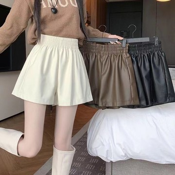 La Belleza素面高腰鬆緊腰皮質側口袋闊腿皮質短褲