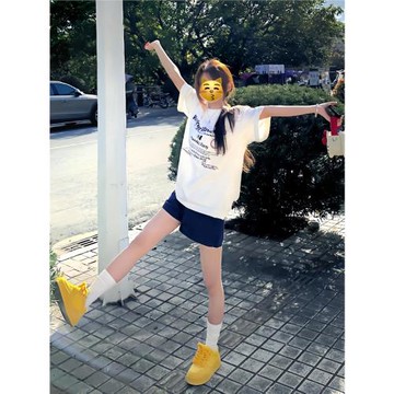 A字松緊腰純棉美式休閑短褲女夏季外穿顯瘦高腰闊腿運動三分熱褲