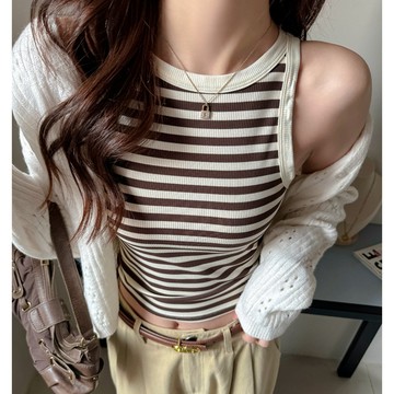 💕甜心大尺碼💕大尺碼上衣 條紋春夏季打底小背心女內搭無袖設計感外穿吊帶修身顯瘦上衣