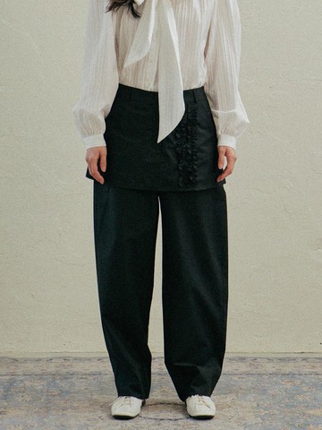 Hidden Ribbon Skirt Pants [Black]
