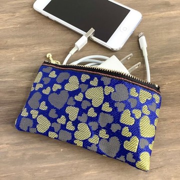 【Lapis Gold 愛心圖案】畳緣 扁平迷你小包 零錢包 卡片夾 藍色 金色 時髦