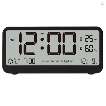 8001-en 多功能數字時鐘 LED 亮度可調溫濕度顯示鬧鐘,具有雙重鬧鐘模式,星期和日期和月份顯示,12/24 小時