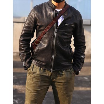 真皮皮衣男 全植鞣厚綿羊皮 立領休閑修身短款機車皮夾克潮男外套