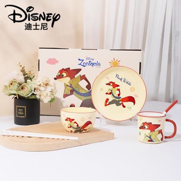 迪士尼瘋狂動物城尼克朱迪餐具兒童可愛飯碗陶瓷盤子碗碟套裝家用