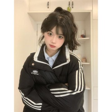 黑色羽絨棉服女2024新款冬季保暖加厚棉襖外套條紋刺繡立領面包服