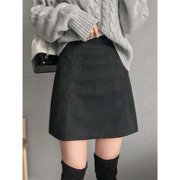 高腰黑色a字裙女2025秋冬大碼顯瘦鹿皮絨半身裙配毛衣包臀短裙子