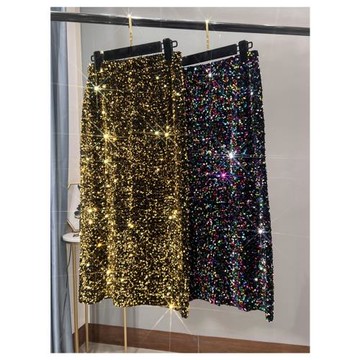 2022新款加厚法式高腰修身百搭中長款包臀裙開叉黑色亮片半身裙女