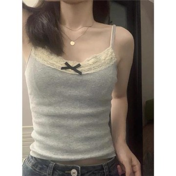 Brandy girl bm灰色辣妹吊帶背心帶胸墊女蕾絲邊外穿美背內搭上衣