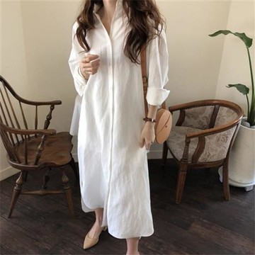 【米蘭精品】連身裙長袖洋裝-寬鬆長款棉麻襯衫裙女裙子5色74kd2