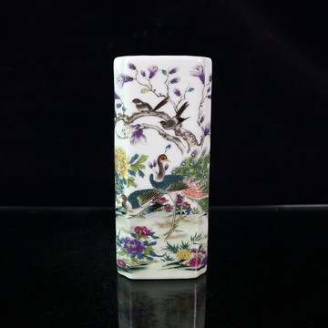 居仁堂制粉彩孔雀圖筆筒 景德鎮仿古瓷器帽筒 古董古玩 家居擺件