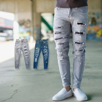 【NB1390J】破壞感破洞抽鬚無破補丁合身版長褲牛仔褲(MW)