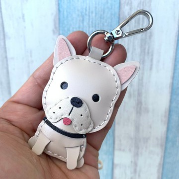 療癒小物 米色 可愛 法鬥 狗 純手工縫製 皮革 鑰匙扣 小尺寸