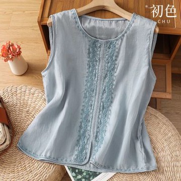 初色 復古風刺繡花邊寬鬆透氣涼感圓領無袖背心上衣女上衣-共4色-13975(M-3XL可選)