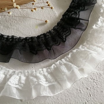 衣服裝飾百褶服裝床品褶皺風琴窗簾輔料花邊黑色雙層袖口蕾絲特價