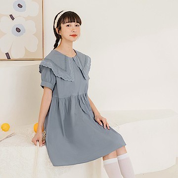 OB嚴選-純棉蕾絲大領片拋袖短洋裝