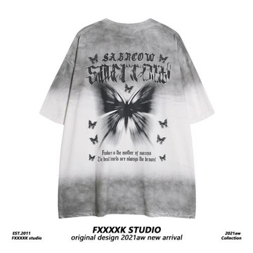 FXK原創 美式復古潮牌吊染漸變色水洗做舊蝴蝶印花情侶裝短袖T恤