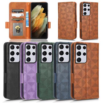 適用于三星S21 Ultra對稱三角紋皮套手機殼插卡防摔保護套翻蓋男