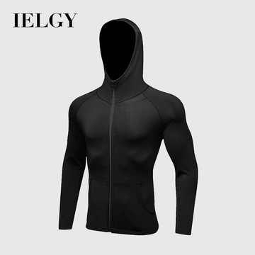 IELGY男士運動夾克健身跑步鍛煉長袖拉鍊休閒連帽衛衣速乾舒適