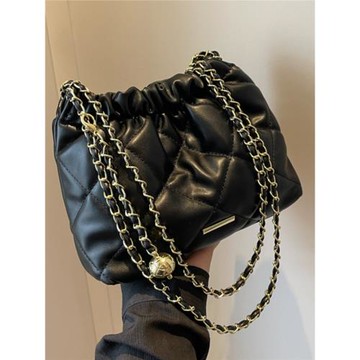 法式小眾包包女2023年秋冬高級感質感斜挎包菱格鏈條小香風水桶包