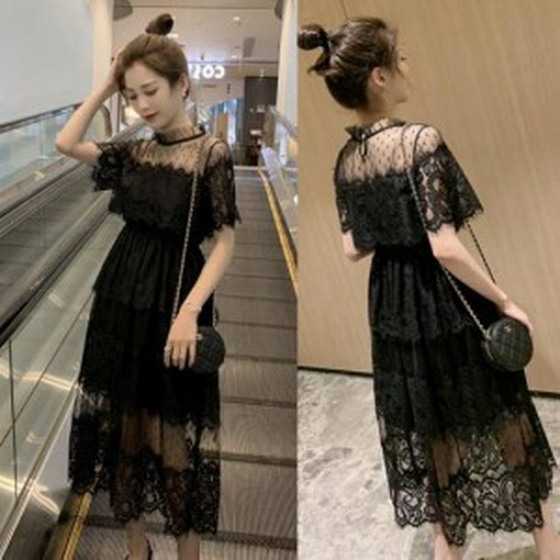 パーテイードレス 袖あり ミモレ丈 ドレスワンピース きれいめワンピース 黒 ワンピース レース ブラックドレス 半袖 フレア ミモレ丈 透 通販 Lineポイント最大1 0 Get Lineショッピング