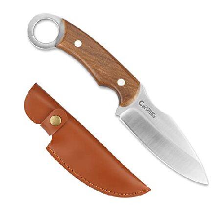 Carimee Utility Paring Knife Portable Small Full Tang Butcher Meat Knives With 4.1” D2 Steel Blade, Sandalwood Handle, Leather Sheath, Outdoor Campin