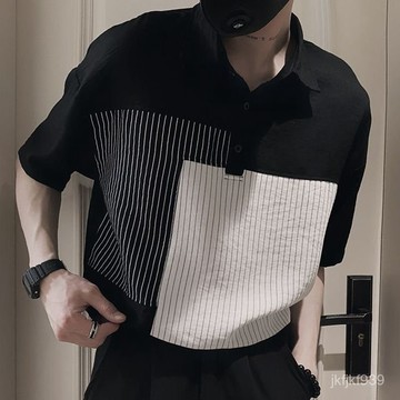 【男裝潮流POLO衫】高級條紋冰絲polo衫新款帥氣襯衫休閒夏季薄款ins襯衣男士短袖T恤潮男衣服 日係潮流 港風流行