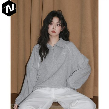 【Nico】♠️優選衛衣 官圖特價大碼女裝200斤薄款衛衣女裝春秋新款刺繡拉鍊POLO領上衣 優質衛衣 寬鬆大碼 春秋