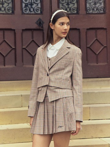 Glen Check Pleats Currot Skirt (Beige)