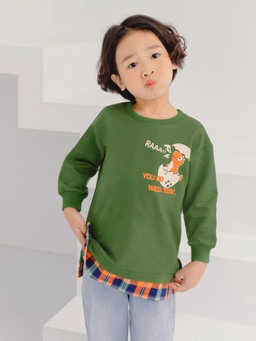 Outdoor系列~純棉童趣恐龍蛋印花拼接格紋上衣