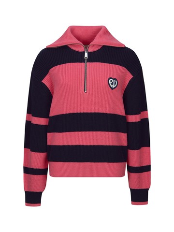 "EV" Heart Badge Striped Cropped Half-Zip Sweater