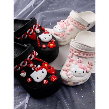 適配crocs洞洞鞋配飾 黑色卡駱馳日系貓咪鞋花裝飾扣卡通粉色紅色