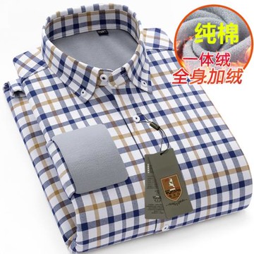 啄木鳥男士冬季加絨加厚純棉保暖襯衫長袖格子全棉休閑紅色襯衣