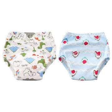 bebehome 日系6層紗學習褲 2件套裝 純棉紗布+TPU防水布+毛巾布 柔軟觸感真正吸水  1組  白色恐龍 + 藍色鯊魚  100碼