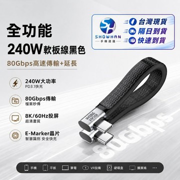 SHOWHAN PD240W 80Gbps 8K Thunderbolt 4 Type-c 全功能 雙側彎軟板線 充電線