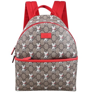 GUCCI 782708 Kids Cat 俏皮貓咪圖案休閒雙肩後背包.紅邊