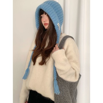 🔥台灣出貨🔥 藍色護耳巴拉克拉法帽子女冬季秋冬天新款大頭圍保暖針織毛線帽紅