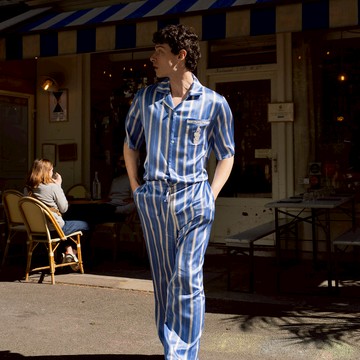 NotJustPajama心動博物館系列 男士條紋真絲短袖長褲睡衣套裝 - 藍色條紋-XL