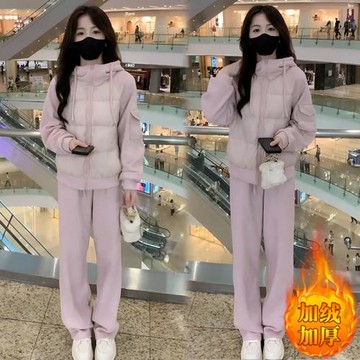 (免運)冬裝穿搭一整套女新款保暖加厚棉服拼接衛衣休閑褲子兩件套時尚