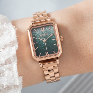 正韓JULIUS天際揚沙漸變方形金屬鍊帶手錶【WJA13878】-漸變綠面玫金帶