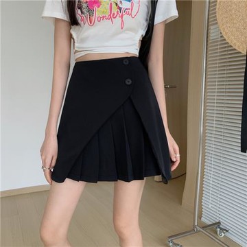 胖mm遮肚子半身裙女夏開叉褶皺百褶裙大碼顯瘦黑色不規則a字短裙