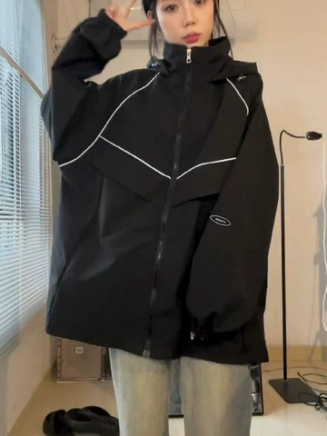 運動外套沖鋒衣夾克連帽外套女學生黑色寬松潮牌簡約反光條時尚百搭上衣潮秋冬【倪醬】