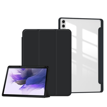 VXTRA 軍事全防護 三星 Samsung Galaxy Tab S9 Ultra 晶透背蓋 超纖皮紋皮套 含筆槽(純黑色)  X910 X916