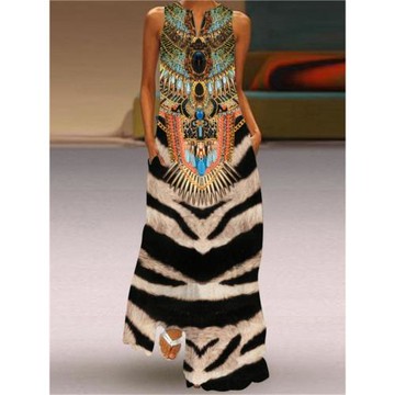 夏季新款歐美街頭外貿女時尚性感 數碼印花V領無袖長裙插兜連衣裙