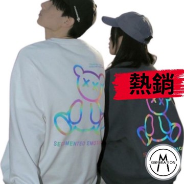 大尺碼小熊圓領反光帽T/連帽上衣/連帽帽T/套頭/大學T/素色帽T/男女/情侶//衛衣/長袖上衣(MK9112)