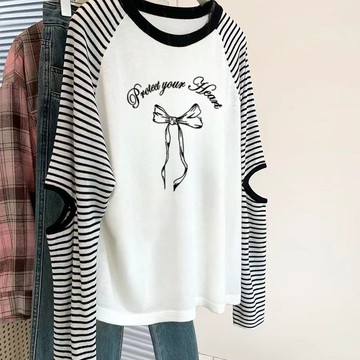 衣時尚 大碼上衣 長袖T卹 印花T卹 T恤衫中大尺碼 M-4XL新款美式拼接條紋顯瘦長袖設計感休閒打底上衣-7229.