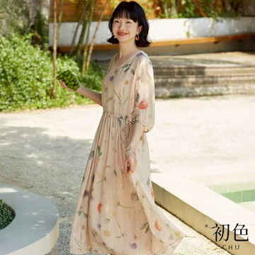 初色 韓系清新碎花印花抽繩收腰圓領五分袖連衣裙連身洋裝長洋裝-花色-10595(M-2XL可選)