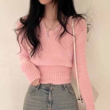 韓國chic秋冬修身百搭V領軟糯仿貂毛短款毛衣長袖打底針織上衣女