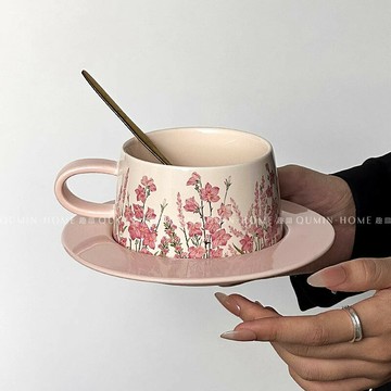溫桃粉月咖啡杯蝶女士個人專用下午茶拿鐵杯高檔精致復古陶瓷杯子