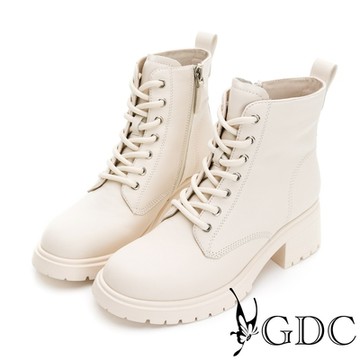 GDC-真皮基本款百搭流行綁帶馬丁中筒短靴-米色