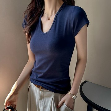 夏季女裝 歐美風 U領 藏青 棉質 正肩短袖T卹女 顯瘦修身 百搭休閒上衣 外穿半袖  修身t恤 氣質女裝 黑色 t恤